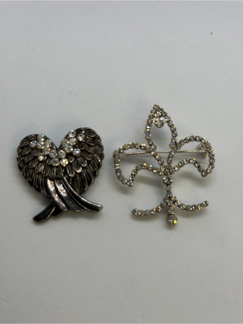 Silver-Tone Rhinestone Fleur-de-Lis and Heart Brooch Duo - Silver